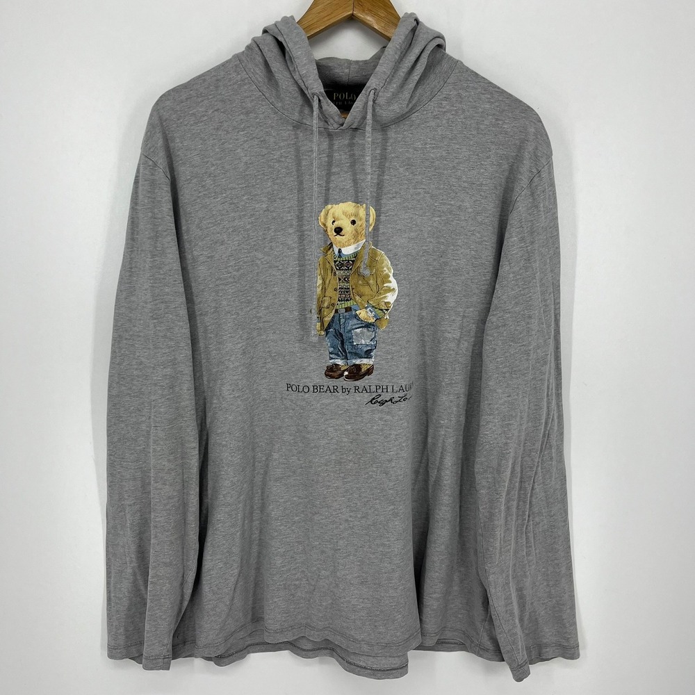 Polo Ralph Lauren Mens Polo Bear Graphic Long Sleeve Hooded T-Shirt Grey Large